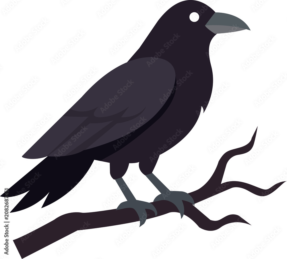 Fototapeta premium Black raven perched on a branch illustration.
