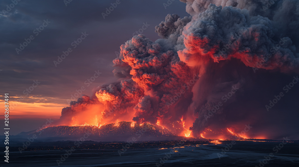 Fototapeta premium Violent volcanic eruption with smoke and lava at sunset eruption landscape disaster mountain