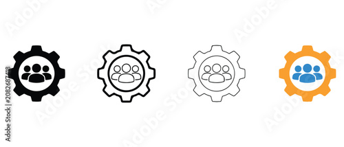 Teamwork collaboration partnership cogwheel icons set with people inside gears for business and social concepts  various styles and colors