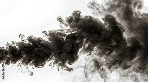 Dense dark grey smoke plume on white background.