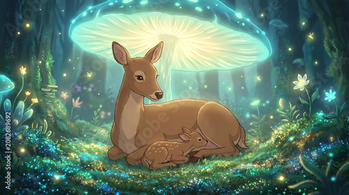 Deer family resting under glowing bioluminescent mushroom forest.