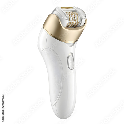 A white and gold electric epilator for hair removal, featuring a sleek ergonomic handle and a rotating head, isolated on a black background isolated on a transparent background