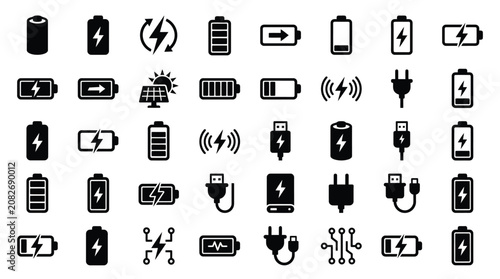 Foto Comprehensive collection of black battery and energy icons on white background featuring charging status, solar power, USB cables, power plugs, wireless charging, and diverse battery levels