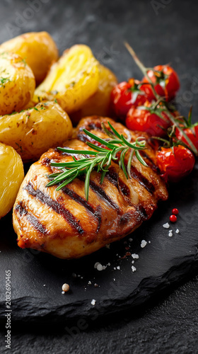 Grilled chicken breast served with roasted potatoes and cherry tomatoes