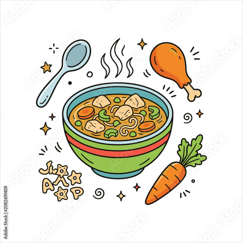 Chicken noodle soup vector doodle food set