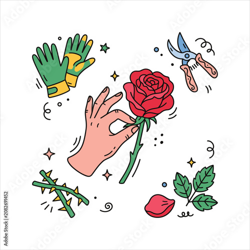 Rose gardening florist vector doodle icon set