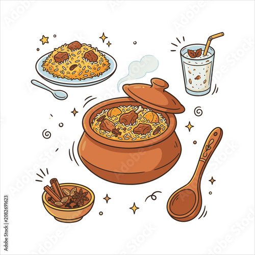 Traditional clay pot biryani vector doodle set