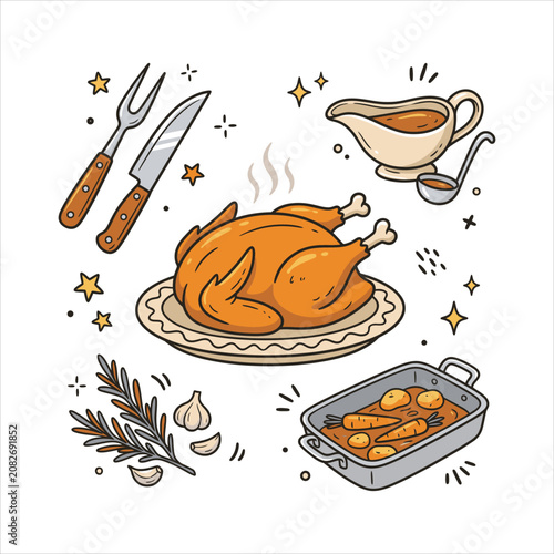 Roast chicken dinner vector doodle food set