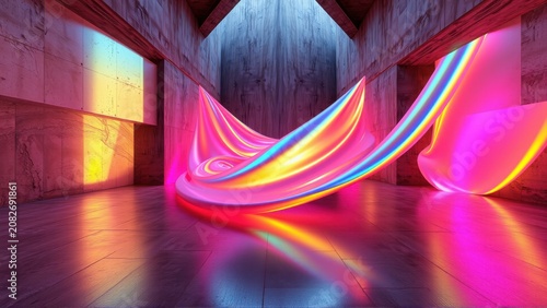 Abstract colorful light forms occupy stark concrete room. Dramatic illumination creates vibrant reflections, shadows. Minimalist design.
