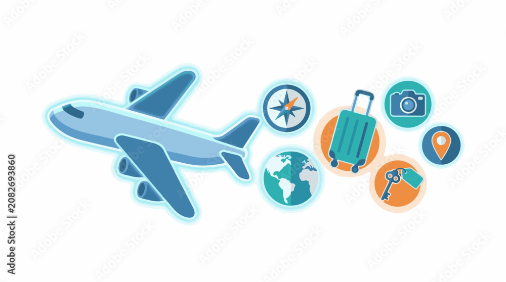 Naklejka premium Blue airplane with travel icons globe compass camera luggage map pin key