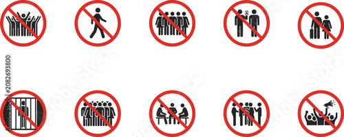"Prohibition symbol icons, no gathering, no walking, no social interaction, no protest, restriction signs, safety rules"