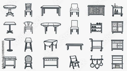 Minimalist Black and White Line Drawing Set of Diverse Furniture and Home Accessories for Interior Design