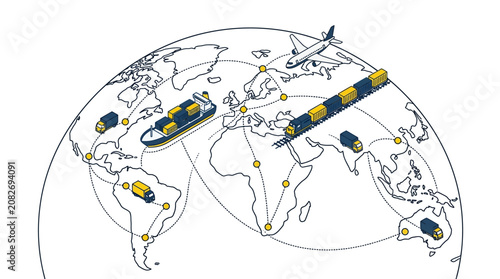 Foto Global logistics network with international shipping transport modes on globe
