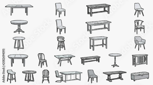 Modern Minimalist Line Drawing Collection of Various Furniture Styles in Monochrome with high quality professional line art symbols for modern creative design and digital branding projects