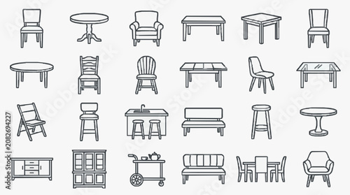 Creative Black and White Line Drawing Set of Various Furniture and Home Decor Items for Design Inspiration