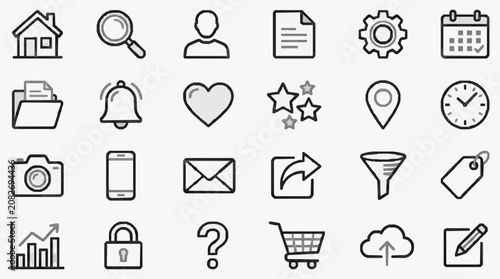 Minimalist Black and White Line Icons Set of 25 Simple Flat Design Symbols for Web Apps and Presentations