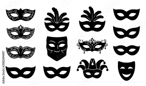 Venetian Masquerade Mask Silhouette Icon Set with Carnival Costumes Feathers Lace and Jester Symbols for Party Invitations Theater and Event Graphic Designs