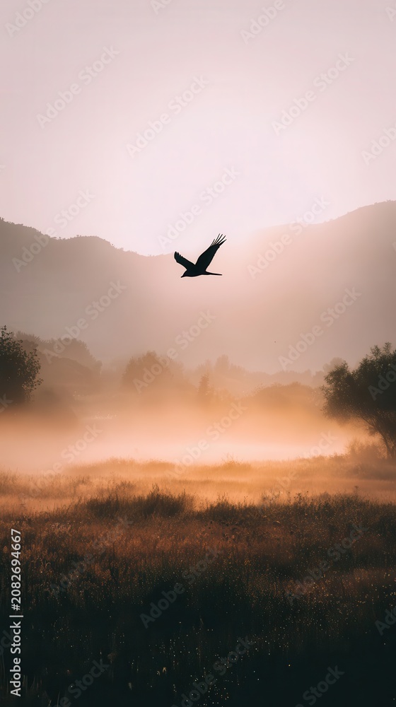 Fototapeta premium Silhouette of a bird in flight above a misty field at sunrise.