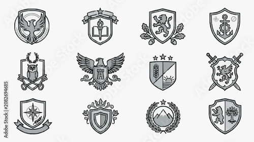 Sleek Monochromatic Heraldic Crest and Emblem Collection Featuring Owls Eagles Lions Shields and Symbolic Motifs in Black and Gray
