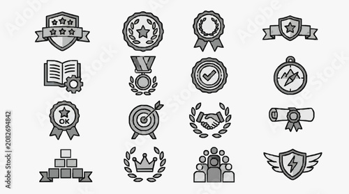 Elegant Monochromatic Achievement Icons Set Featuring Minimalist Badges Medals and Symbols in Gray and White