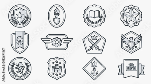 Elegant Monochromatic Line Art Emblem Collection Featuring Shields Crests and Symbols in Grayscale
