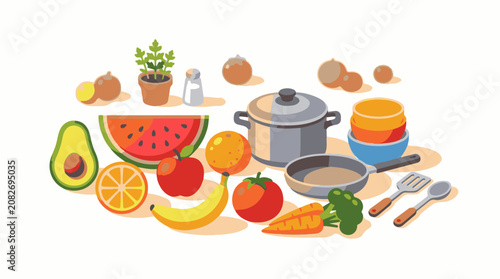Assortment of fresh produce and kitchenware arranged on a plain background