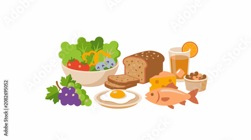 Assortment of healthy foods fish bread fruit salad cheese egg juice