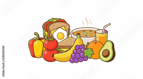 Assortment of healthy foods and beverages in a colorful illustration