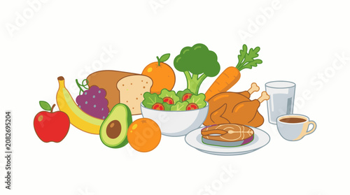 Assortment of healthy foods including fruits vegetables bread meat and drinks