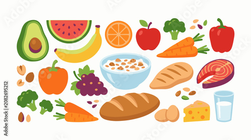 Assortment of healthy foods including fruits vegetables and proteins