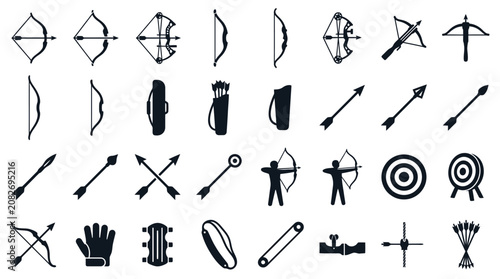 Photos Comprehensive set of black archery icons featuring recurve and compound bows, crossbows, arrows, quivers, arm guards, bullseye targets, and archer silhouettes for sport and hunting
