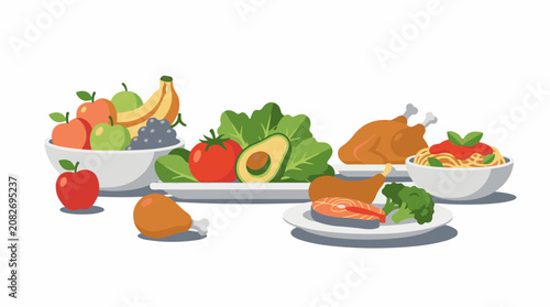 Assortment of healthy foods including fruits vegetables chicken fish and pasta
