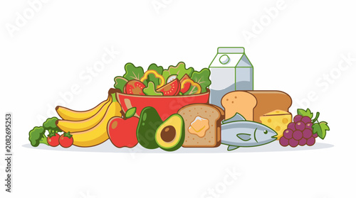 Assortment of healthy food items including fruits vegetables fish and dairy