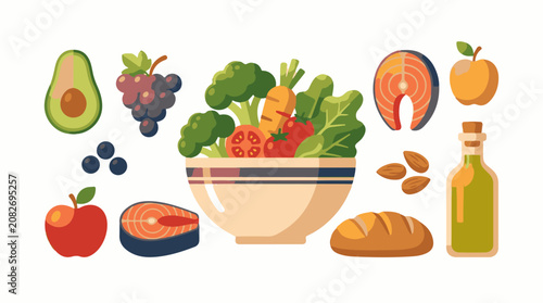 Assortment of healthy foods including fruits vegetables fish and bread