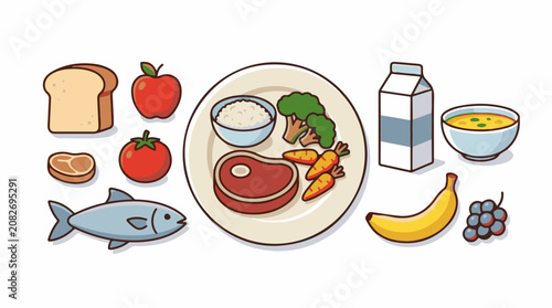 Assortment of healthy foods including protein grains fruits and vegetables