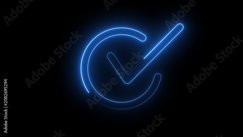Tableau sur toile A luminous electric blue neon checkmark symbol is depicted within a circular out