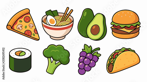 Assortment of popular fast food and fresh produce items