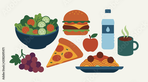 Assortment of stylized food and drink items on a light background