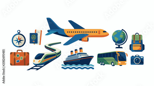 Assortment of travel essentials and transport icons on white