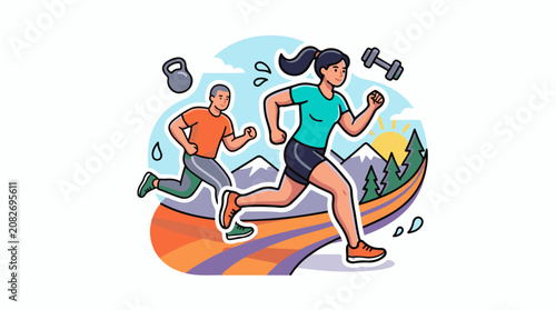 Athletic duo running outdoors with mountains trees and sun