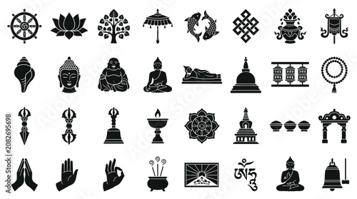 Canvastavla Set of 32 black silhouette Buddhist icons and spiritual symbols featuring Buddha statues, Dharma wheel, lotus flower, stupas, prayer wheels, mudras, and traditional ritual items on a white background