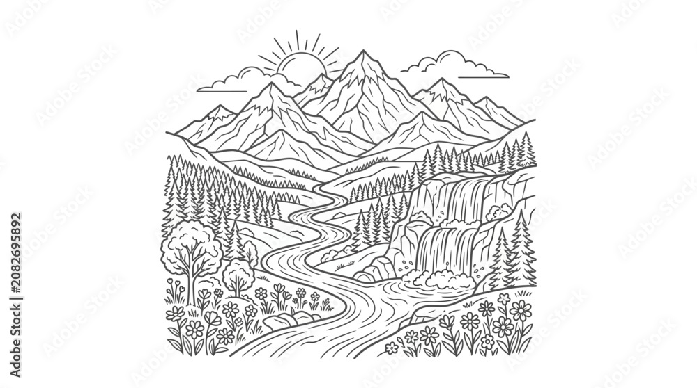 Obraz premium Professional Black and White Line Drawing of Scenic Mountain Landscape with Winding Road Waterfall and Flora