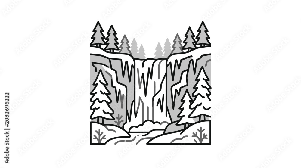 Obraz premium Creative Minimalist Black and White Forest Canyon Landscape with Trees and Rocky Terrain with high quality professional line art symbols for modern creative design and digital branding projects