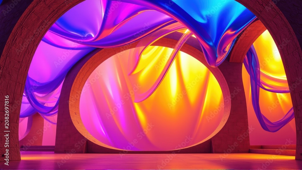 Fototapeta premium Abstract tunnel, vibrant colors, flowing shapes, dramatic lighting. Stone archway frames luminous sphere, creating surreal scene.