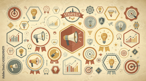 Business Strategy Icons and Symbols - Marketing, Goals, Ideas, Growth