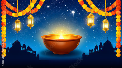 Glowing Diwali Diya and Hanging Golden Lanterns with Temple Silhouettes Background