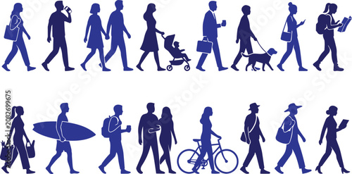 Foto Set of diverse people silhouettes walking in various everyday urban and recreati
