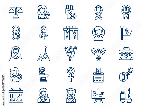 Global international women day outline collection presents detailed gender equality elements. Feminism concept