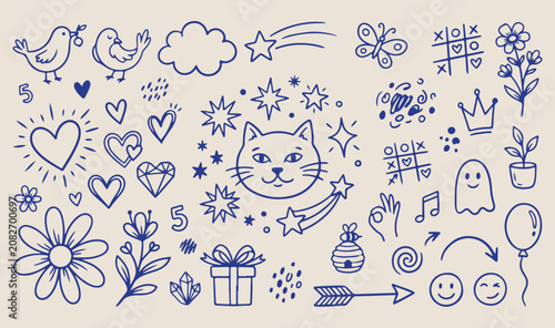 Foto Cute doodle pattern, hand drawn sketch, whimsical seamless background, playful k