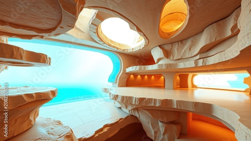 Futuristic interior. Organic shapes define space. Warm tones dominate, contrasting cool blue light. Minimalist design, smooth surfaces, cavernous feel.